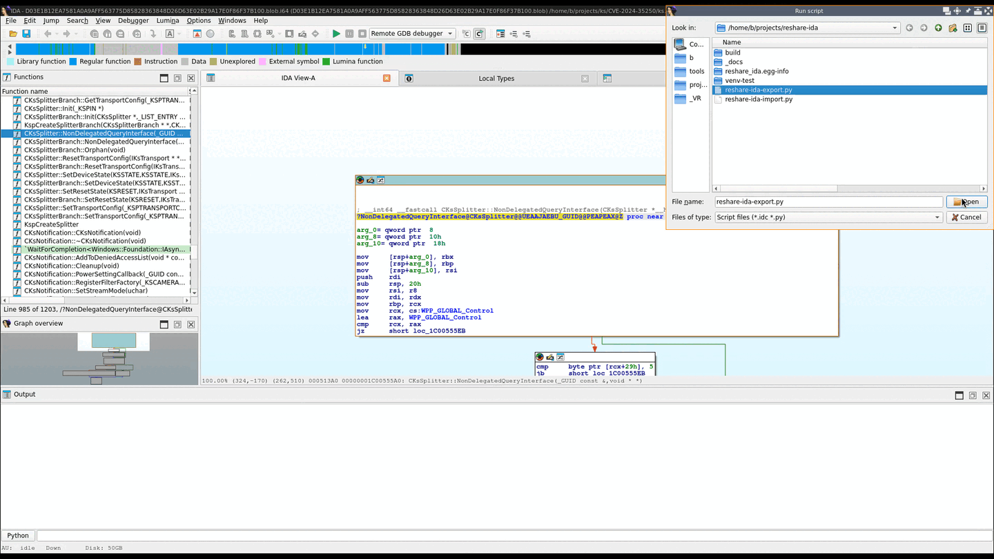 Edited demo of transferring symbols and types from IDA to Ghidra