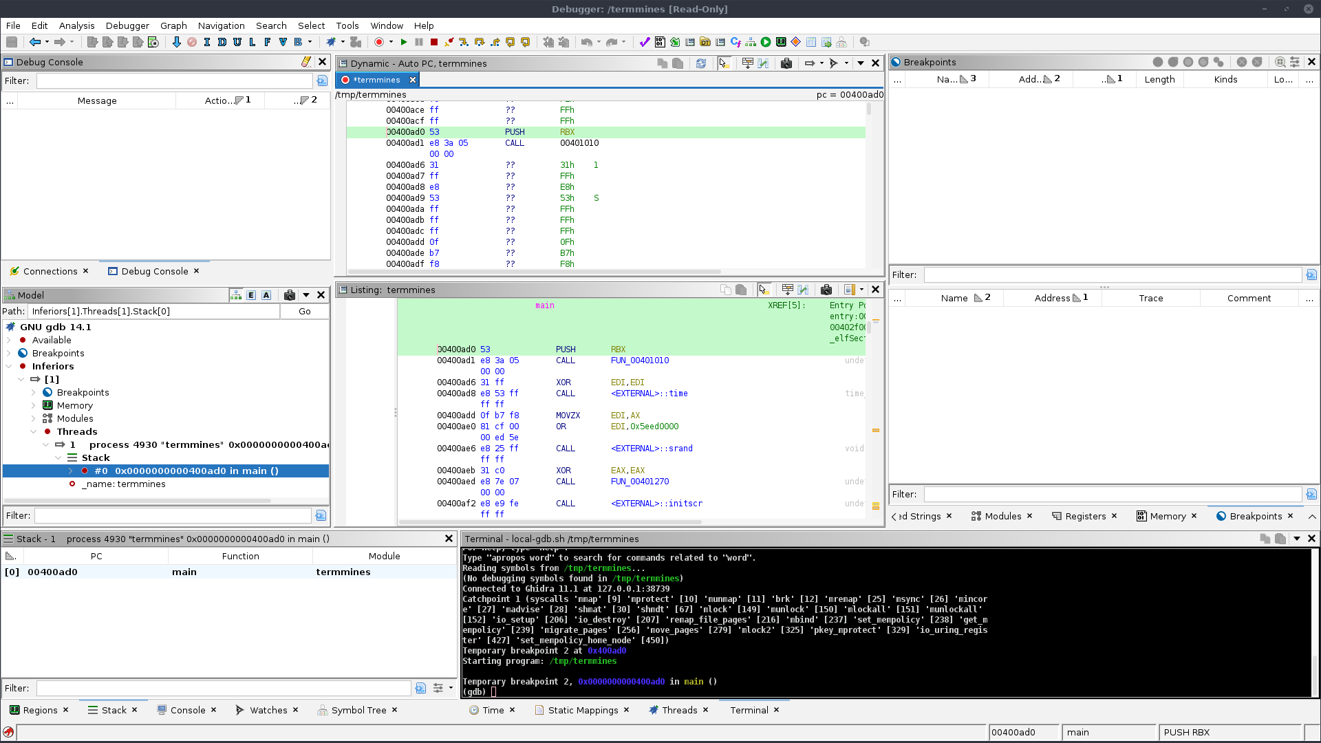 Debugger tool after launching termmines