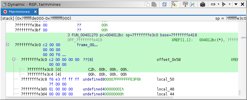 The dynamic listing of the stack after a call to rand